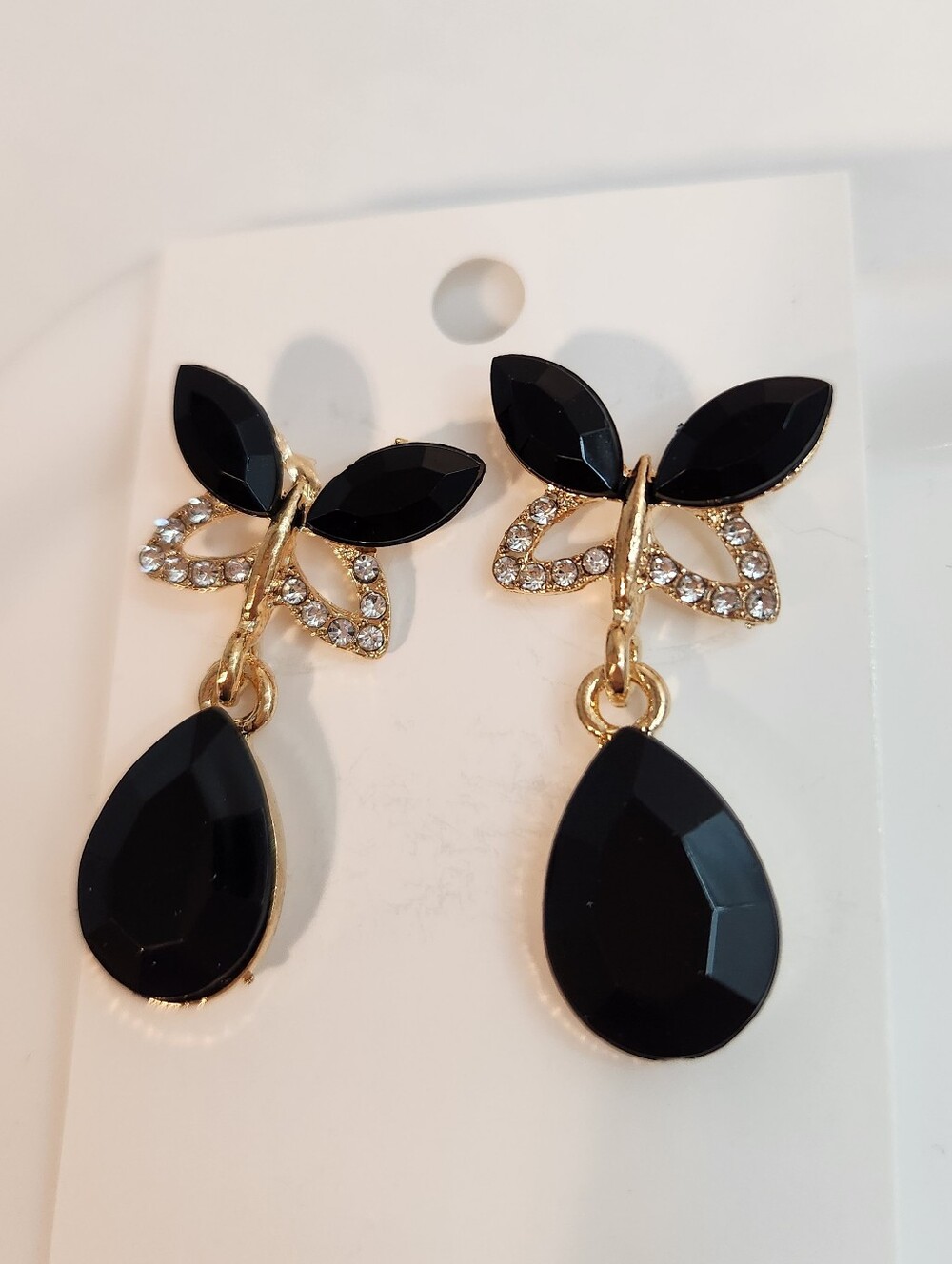 Elegant Black And Gold Teardrop Butterfly Drop Earrings With Rhinestones
